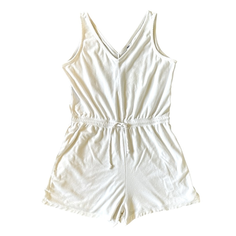 OLD NAVY white terry cloth v-neck drawstring waist romper w/pockets size Large - Picture 2 of 7